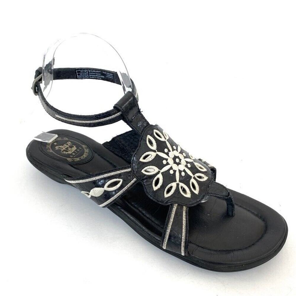 Ariat Mojave Ankle Strap Sandals 11 B Black Leather Floral Embroidered Womens